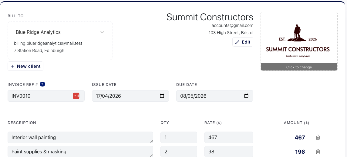Tiny Invoice dashboard showing simple invoice creation