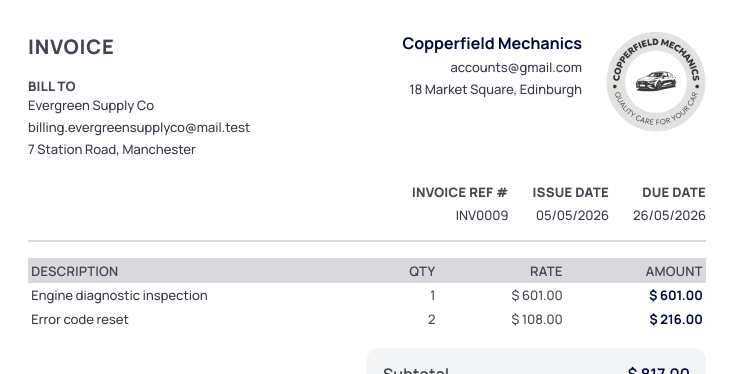Tiny Invoice dashboard showing simple invoice creation